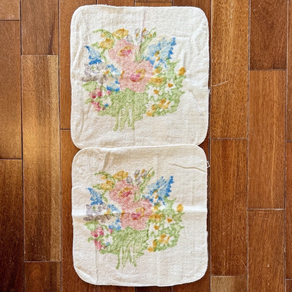 New 2pc VTG 60s MCM Sears Floral Cotton Washcloth USA Flowers Royal Blue Lt Tag!